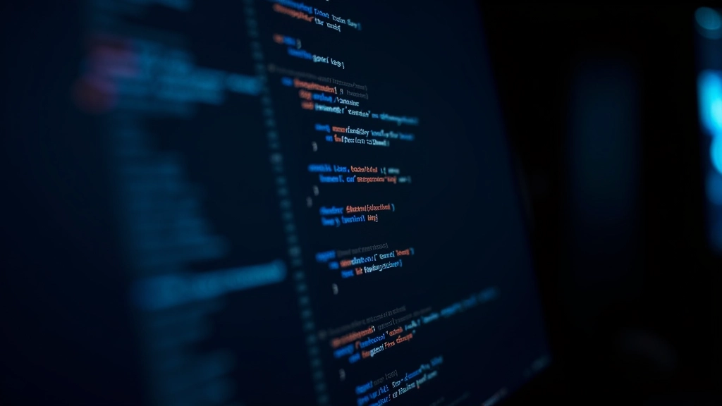 Close-up of computer code displayed on monitor with syntax highlighting and dark theme